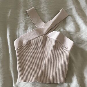 Aritzia Beige Ribbed Cross-Strap Crop Top